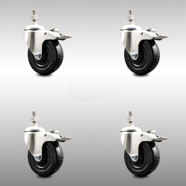 Service Caster 4 Inch 316SS Soft Rubber Swivel 12mm Threaded Stem Caster Set Lock Brake SCC SCC-SS316TSTTL20S414-SRS-M1215-4 - main